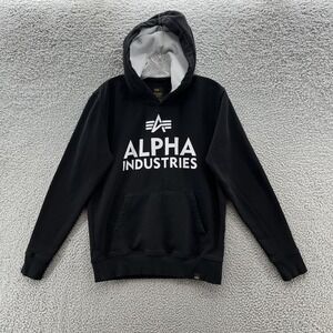 Alpha Industries Hoodie Mens Small Black Logo Pullover Sweatshirt Kanga Pocket